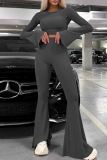 Grey Casual Solid Color Patchwork O Neck Long Sleeve Two Pieces
