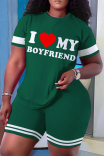 Green Casual Letter Print Basic O Neck Short Sleeve Two Pieces