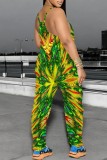 Blue Casual Print Backless Spaghetti Strap Fitted Jumpsuits