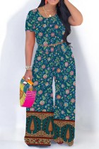 Blue Casual Print Basic O Neck Short Sleeve Two Pieces