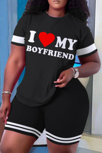 Black Casual Letter Print Basic O Neck Short Sleeve Two Pieces