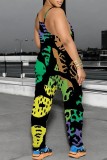 Blue Casual Print Backless Spaghetti Strap Fitted Jumpsuits