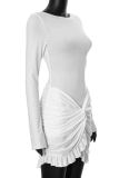 White Sexy Solid Color Patchwork Ruched O Neck Wrapped Skirt Dresses