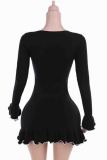 Black Sexy Solid Color Patchwork Contrast O Neck Wrapped Skirt Dresses