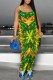 Green Casual Print Backless Spaghetti Strap Fitted Jumpsuits