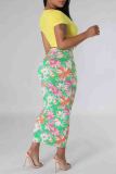 Pink Sexy Print Patchwork Strap Design V Neck Short Sleeve Two Pieces