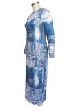 Blue Elegant Print Patchwork O Neck Wrapped Skirt Plus Size Dresses