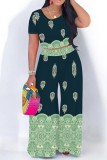 Blue Casual Print Basic O Neck Short Sleeve Two Pieces