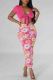 Pink Sexy Print Patchwork Strap Design V Neck Short Sleeve Two Pieces