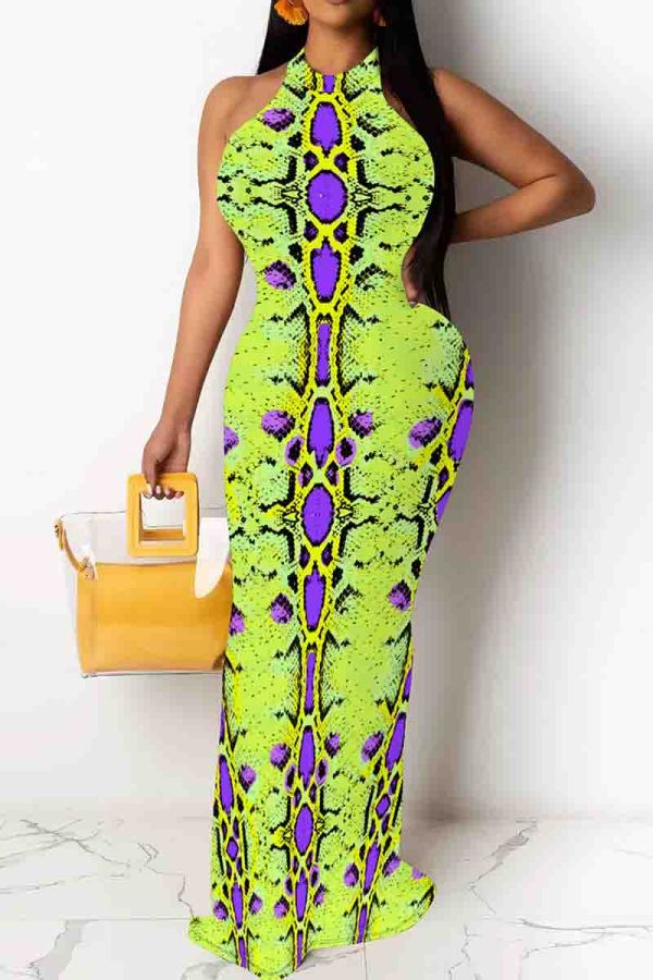 Green Purple Casual Snakeskin Print Patchwork O Neck Long Dresses