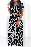 White Casual Street Geometric Print Contrast O Neck Short Sleeve Two Pieces