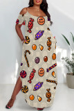 Apricot Sexy Graffiti Print Pocket U Neck Printed Plus Size Dresses