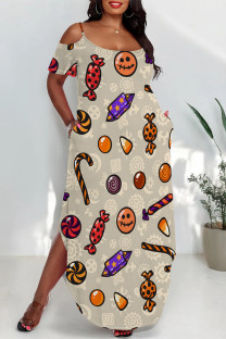 Apricot Sexy Graffiti Print Pocket U Neck Printed Plus Size Dresses