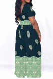 Blue Casual Print Basic O Neck Short Sleeve Two Pieces