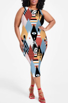 Multicolor Casual Geometric Print Floral Print Contrast O Neck Printed Plus Size Dresses