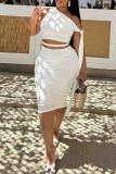 White Elegant Solid Color Hollow Out Patchwork Strap Design Oblique Collar Sleeveless Two Pieces