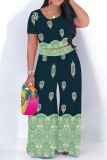 Blue Casual Print Basic O Neck Short Sleeve Two Pieces