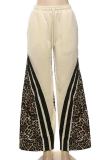 Grey Casual Leopard Print Draw String Pocket Patchwork Contrast Loose Mid Waist Wide Leg Patchwork Bottoms