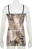 Brown Sexy Leopard Print Patchwork Backless Spaghetti Strap Sleeveless Two Pieces