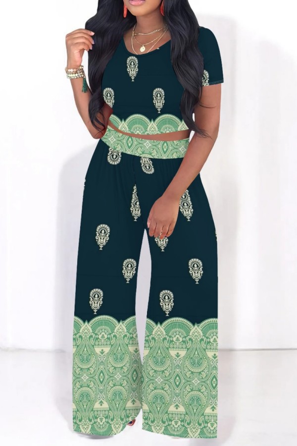 Light Green Casual Print Basic O Neck Short Sleeve Two Pieces