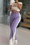 Purple Casual Patchwork Contrast Loose High Waist Wide Leg Patchwork Bottoms