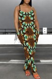 Blue Casual Print Backless Spaghetti Strap Fitted Jumpsuits