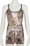 Brown Sexy Leopard Print Patchwork Backless Spaghetti Strap Sleeveless Two Pieces