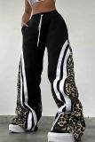 Black Casual Leopard Print Draw String Pocket Patchwork Contrast Loose Mid Waist Wide Leg Patchwork Bottoms