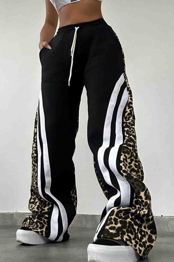 Black Casual Leopard Print Draw String Pocket Patchwork Contrast Loose Mid Waist Wide Leg Patchwork Bottoms