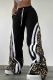 Black Casual Leopard Print Draw String Pocket Patchwork Contrast Loose Mid Waist Wide Leg Patchwork Bottoms