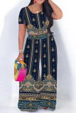 Blue Casual Print Basic O Neck Short Sleeve Two Pieces