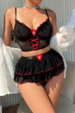 Black Sexy Heart Shaped Patchwork Contrast Lingerie(Three Pieces)