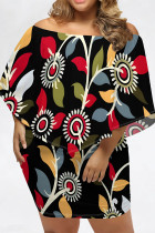 Black Sexy Geometric Print Irregular Contrast Off Shoulder Printed Plus Size Dresses