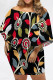 Black Sexy Geometric Print Irregular Contrast Off Shoulder Printed Plus Size Dresses