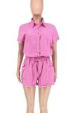 Pink Casual Solid Color Draw String Pocket Buckle Patchwork Turndown Collar Short Sleeve Two Pieces