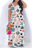 White Casual Street Geometric Print Contrast O Neck Short Sleeve Two Pieces