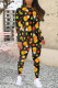 Dark Gray Casual Daily Graffiti Print Contrast O Neck Long Sleeve Two Pieces