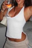 White Sexy Solid Color Patchwork Slit Halter Tops