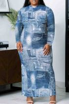 Blue Elegant Print Patchwork O Neck Wrapped Skirt Plus Size Dresses
