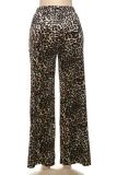 Grey Casual Leopard Print Draw String Pocket Patchwork Contrast Loose Mid Waist Wide Leg Patchwork Bottoms