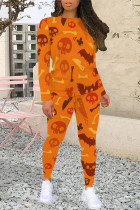 Orange Casual Daily Graffiti Print Contrast O Neck Long Sleeve Two Pieces