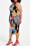 Multicolor Casual Geometric Print Floral Print Contrast O Neck Printed Plus Size Dresses