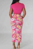 Pink Sexy Print Patchwork Strap Design V Neck Short Sleeve Two Pieces