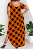 Apricot Sexy Graffiti Print Pocket U Neck Printed Plus Size Dresses