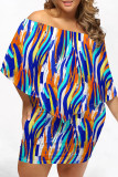 Dark Blue Casual Striped Print Irregular Contrast Off Shoulder Printed Plus Size Dresses