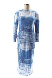 Blue Elegant Print Patchwork O Neck Wrapped Skirt Plus Size Dresses
