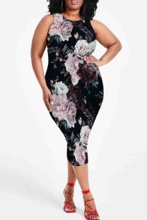 Pink Black Casual Print Patchwork O Neck Wrapped Skirt Plus Size Dresses