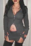 Apricot Sexy Solid Color Patchwork Zipper Zipper Collar Long Sleeve Two Pieces