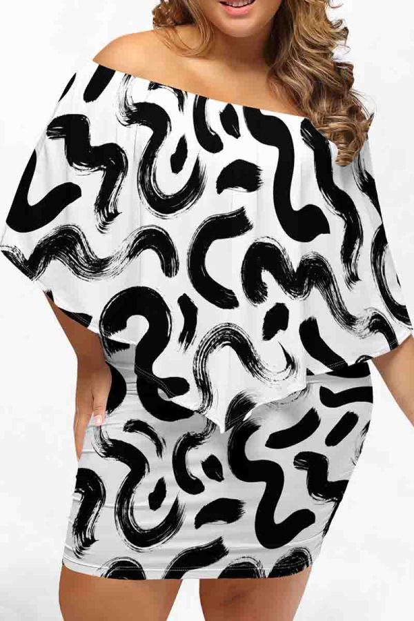 Black And White Sexy Print Patchwork Backless Off Shoulder Wrapped Skirt Plus Size Dresses