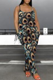 Blue Casual Print Backless Spaghetti Strap Fitted Jumpsuits